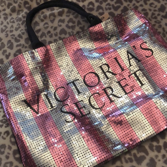 Victoria’s Secret Logo Sequin Stripe Weekender Duffle Travel Bag Pink Bling - Picture 6 of 16